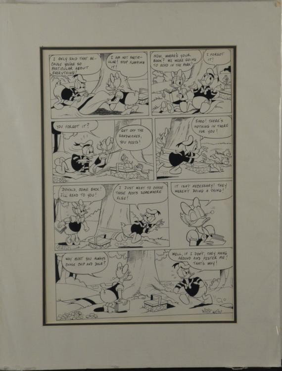 Donald Duck Original Comic Strip Disney Animation Art: This is an original Donald Duck comic strip. This scene portrays Donald and Daisy out for a picnic, which is disrupted when Chip and Dale try to get into the picnic basket! * Medium: Ink on paperImage