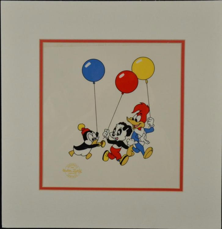 Wood Woodpecker Chilly Willy Panda Ltd Ed Animation Cel: This is a limited edition animation cel featuring Woody Woodpecker and friends. Chilly Willy and Andy Panda join Woody for some fun with balloons. * Medium: Printed cel acetate Cel image size: 10 x 10