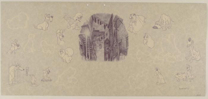 Disney Background Animation Art Lady and the Tramp: Background Lumicel Lady and the Tramp Art Animation * This is a serigraph cel proof originally designed for a LumicelSize: 11 1/2" x 24 3/4Condition: Excellent The background features character sketch