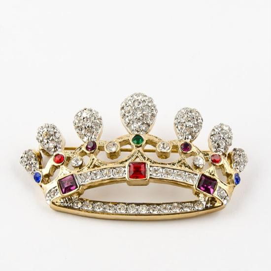 Faberge Style Crown Brooch: Faberge Style Crown Brooch, Dimensions: 2.25in (W) x 1.5in (L), Material: Pewter, Crystals. The brooch is an absolute sparkling beauty with colored crystals all over.