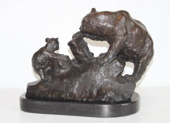 Magnificent Bronze Sculpture Grizzly Bear Mother & Cub: Grizzly Bear Mother and Cub, Bronze Sculpture, After CM Russell, Signed 10"H x12"W x 7"D 24 lbs This bronze sculpture was produced using the "Lost Wax" casting method. The"Lost Wax" Cast m