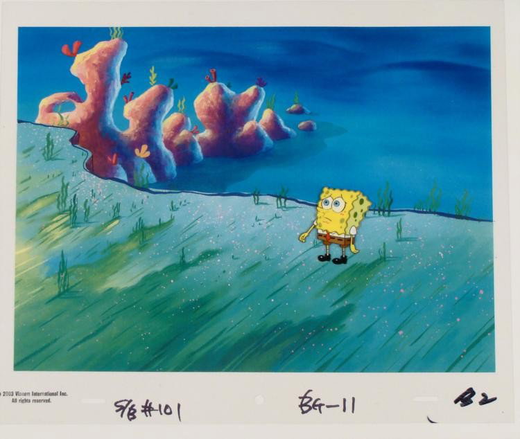 Orig SpongeBob Production Cel & Background -Cliffs Edge: This original hand-painted cel with reproduction background is from the Nickelodeon TV show SpongeBob Squarepants. The story takes place under the deep blue sea in Bikini Bot