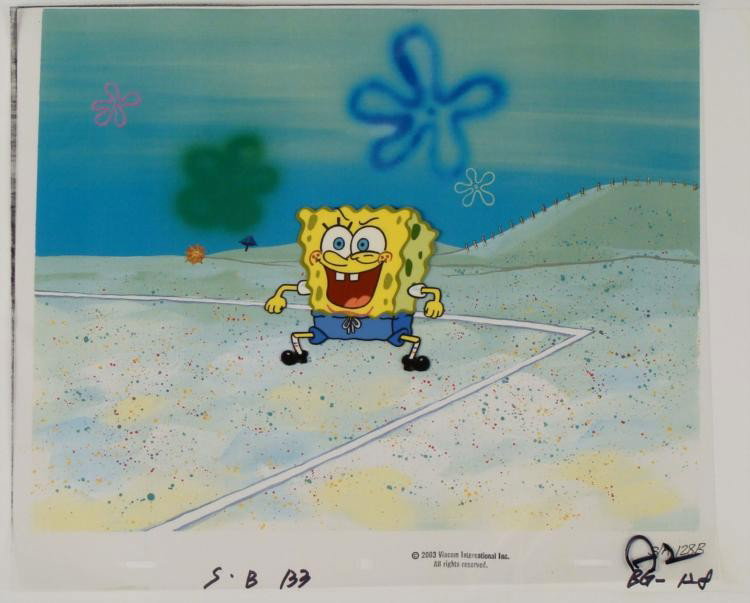 Originl SpongeBob Animation Cel & Background Volleyball: This original hand-painted cel with reproduction background is from the Nickelodeon TV show SpongeBob Squarepants. The story takes place under the deep blue sea in Bikini Bot