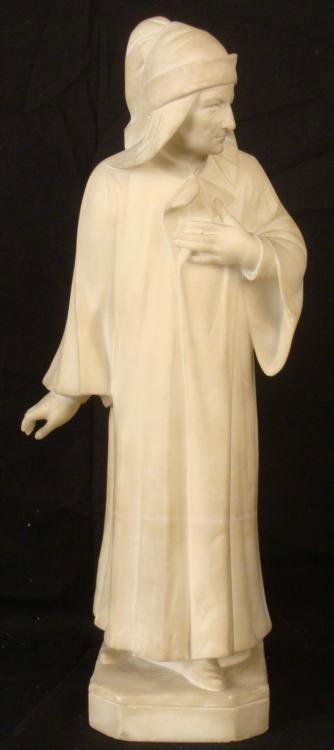 Marble Vintage Scultpure Figurine of Dante: This marble sculpture is of the famous Italian poet of the Middle Ages Dante. He is portrayed strolling in his night clothes, hand on his heart and deep in thought. The angle of the figure gives it th