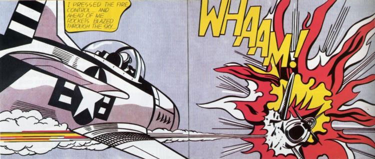 Roy Lichtenstein : Whaam (diptych) 1963: ARTIST: Roy Lichtenstein TITLE: Whaam (diptych) YEAR: 1963 MEDIA: Lithograph in colors on two panels SIZE: 31.5 x 47.5 in (combined)
