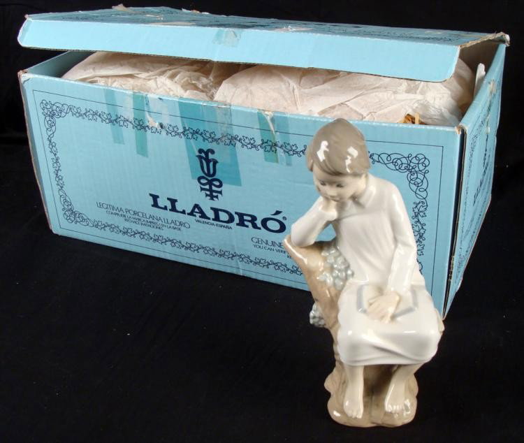 Lladro Figurine Thinker Little Boy #4876 w/ Box: This Lladro figurine is a little boy sitting on a tree stump with a book, lost in thought.Title: Thinker Little BoyNumber: 4876Finish: GlazedSculptor: Jose RoigSize: 8 1/2" tallIssued year: 1974