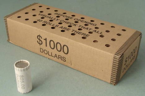 Mint Box 40 Mixed Dollar Coin Rolls Unsearched: This unopened and unsearched box contains 40 wrapped rolls of various dollar coins. Each roll contains 25 coins. * A coin collector will have a great time searching through this large collection.