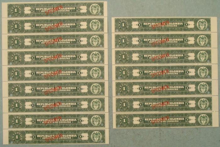 16 Colombia Plate Block Specimen Tax Stamps 1 Centavos: This is a plate block of (16) 1 Centavos tax stamps (in 2 separate sections) from Republic De Colombia, marked "IMPUESTO DE CONSUMO." Each has a red "SPECIMEN" overprint and security punch. They are m