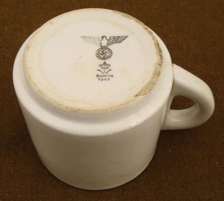 LARGE NAZI WEHRMACHT DINING HALL COFFEE CUP 1942: LARGE NAZI WEHRMACHT DINING HALL COFFEE CUP-MARKED"EAGLE & SWASTIKA, MAKER, 1942" * GREAT ORIGINAL HISTORICAL NAZI ARMY COFFEE CUP-4" TALL--4 1/4" DIAMETER--BOTTOM HAS WEHRMACHT EAGLE/SWASTIKA-MAK