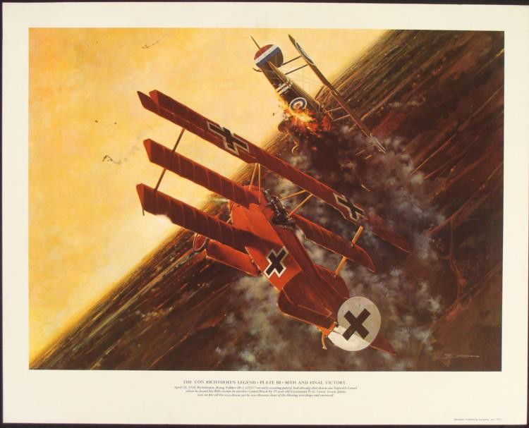 WWI VON RICHTOFEN LEGEND BI-PLANE VICTORY PRINT: THE VON RICHTOFEN LEGEND-80TH & FINAL VICTORY PRINT-16X20" * GREAT HISTORICAL WWI BI-PLANE BATTLE SCENE WITH THE RED BARON -APRIL 20, 1918-TELLS STORY ON LOWER PORTION OF PRINT *