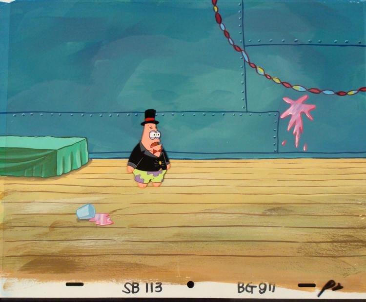 Orig SpongeBob Animation Cel & Background Patrick Mess: This original hand-painted cel and background are from the Nickelodeon TV show SpongeBob Squarepants. The story takes place under the deep blue sea in Bikini Bottom, where Sp