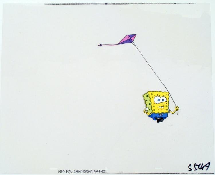 Spongebob Animation Original Production Cel Kite Flying: This original hand-painted animation cel is from the Nickelodeon TVs how SpongeBob Squarepants. The story takes place under the deep blue sea in Bikini Bottom, where SpongeBo