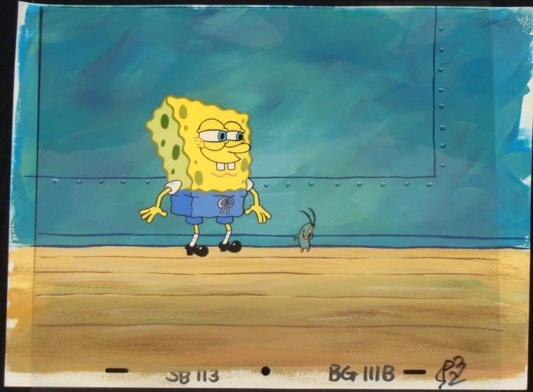 Orig SpongeBob Animation Cel & Background w/Plankton: This original hand-painted cel and background are from the Nickelodeon TV show SpongeBob Squarepants. The story takes place under the deep blue sea in Bikini Bottom, where Sp