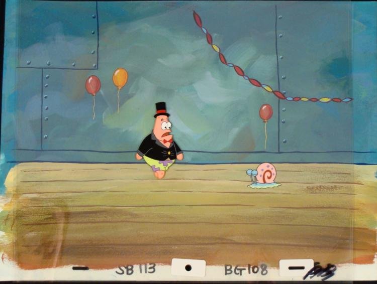 Orig SpongeBob Animation Cel, Background Patrick & Gary: This original hand-painted cel and background are from the Nickelodeon TV show SpongeBob Squarepants. The story takes place under the deep blue sea in Bikini Bottom, where Sp