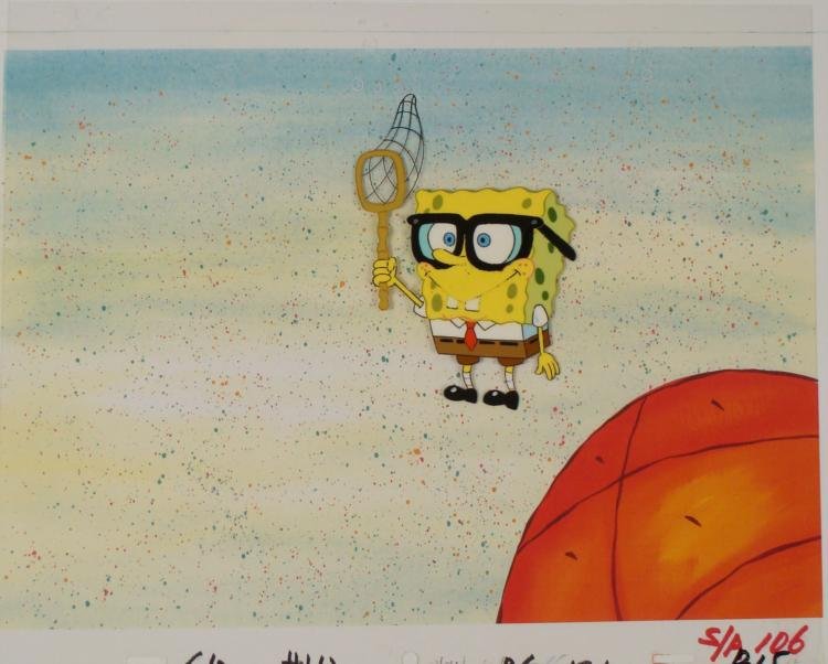 Orig SpongeBob Animation Cel & Background Jelly Hunting: This original hand-painted cel and reproduction background are from the Nickelodeon TV show SpongeBob Squarepants. The story takes place under the deep blue sea in Bikini Bot