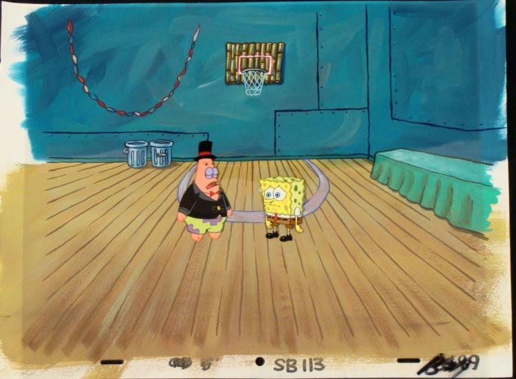 Orig SpongeBob Animation Cel, Backgrnd Patrick at Party: This original hand-painted cel and background are from the Nickelodeon TV show SpongeBob Squarepants. The story takes place under the deep blue sea in Bikini Bottom, where Sp