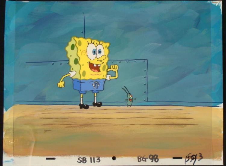 Orig SpongeBob Animation Cel & Background I Can Do It: This original hand-painted cel and background are from the Nickelodeon TV show SpongeBob Squarepants. The story takes place under the deep blue sea in Bikini Bottom, where Sp