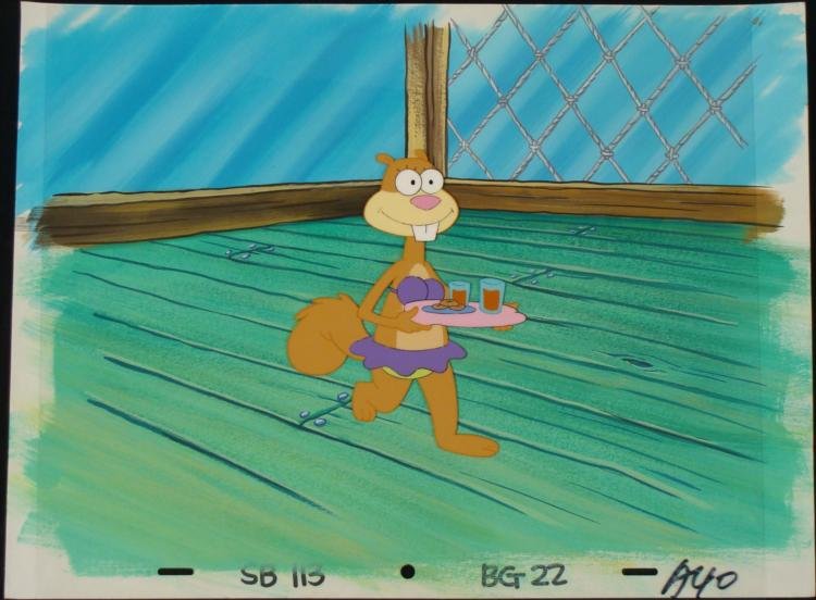 Orig SpongeBob Animation Cel & Background Sandy Snacks: This original hand-painted cel and background are from the Nickelodeon TV show SpongeBob Squarepants. The story takes place under the deep blue sea in Bikini Bottom, where Sp