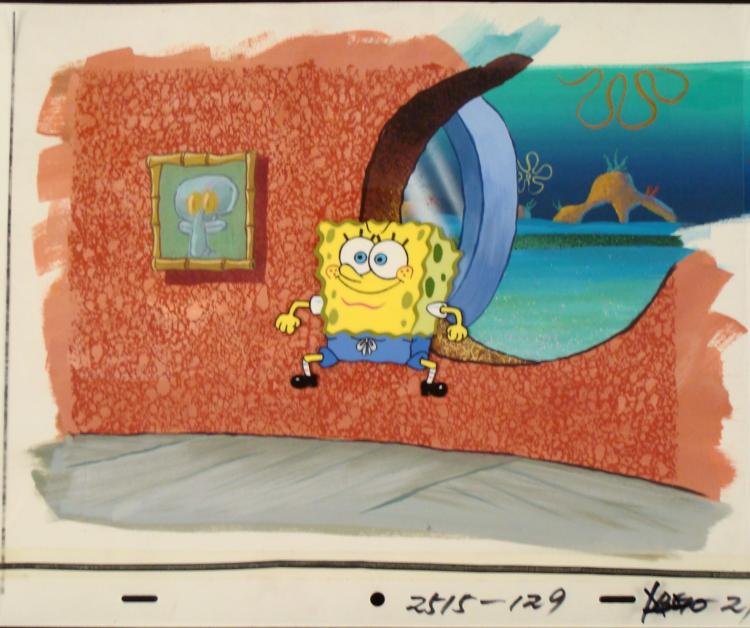 Orig SpongeBob Animation Cel, Background Squids House: This original hand-painted cel and background are from the Nickelodeon TV show SpongeBob Squarepants. The story takes place under the deep blue sea in Bikini Bottom, where Sp