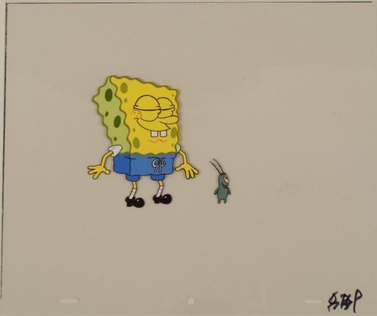 SpongeBob Orig 2 Layer Animation Cel Plankton Pleased: This original animation cel is from the Nickelodeon TV show SpongeBob Squarepants. The story takes place under the deep blue sea in Bikini Bottom, where SpongeBob resides. Sp