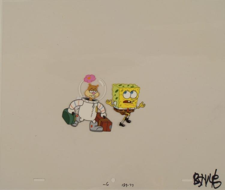SpongeBob Orig 2 Layer Animation Cel Sandy- Long Trip: This original animation cel is from the Nickelodeon TV show SpongeBob Squarepants. The story takes place under the deep blue sea in Bikini Bottom, where SpongeBob resides. Sp