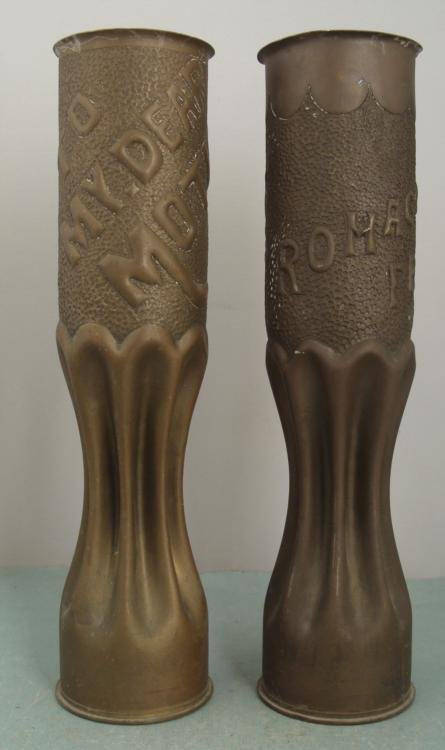 PAIR OF WWI U.S. DOUGHBOY TRENCH ART-SHELLS -FRANCE: FANTASTIC PAIR OF WWI U.S. DOUGHBOY TRENCH ART-SHELLS-TO MOTHER FROM FRANCE * VERY HARD TO COME BY MILITARIA FROM U.S. WWI U.S. DOUGHBOY--2 PIECES 13 1/2" TALL--TRENCH ART MADE IN THE COMBAT FIELD FRO