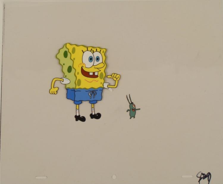 SpongeBob, Plankton Orig 2 Layer Animation Cel For Me?: This original animation cel is from the Nickelodeon TV show SpongeBob Squarepants. The story takes place under the deep blue sea in Bikini Bottom, where SpongeBob resides. Sp