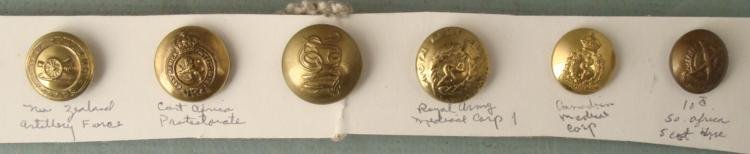 6 Antique Military Buttons New Zealand Africa Canada: This is an antique and vintage lot of buttons from various military groups and regiments. Most are identified on the card, and those include: * New Zealand Artillery ForceEast Africa ProtectorateScrip