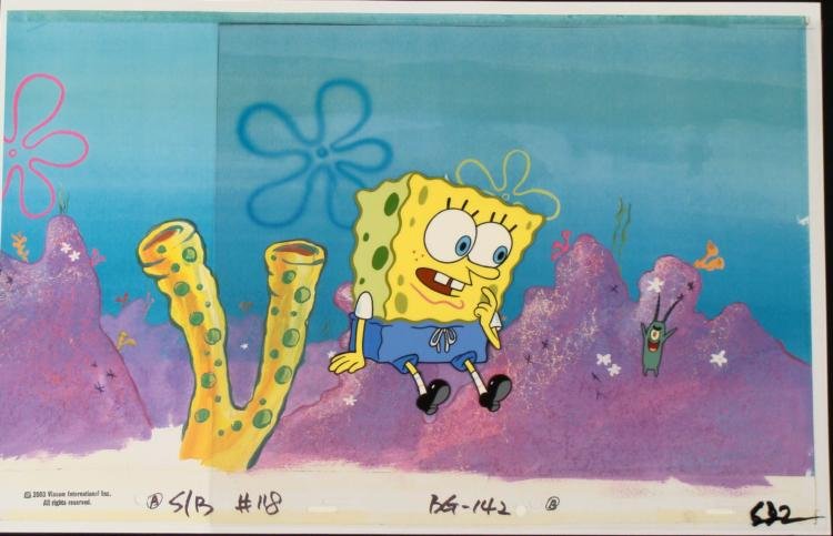 Orig SpongeBob Animation Cel, Background Squidward Plan: This original hand-painted cel and reproduction background is from the Nickelodeon TV show SpongeBob Squarepants. The story takes place under the deep blue sea in Bikini Bott