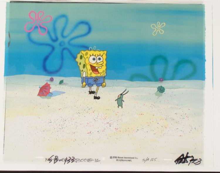 SpongeBob, Plankton Orig Production Cel w/ Background: This is an original hand-painted 2 layer animation cel with printed background from the Nickelodeon TV show SpongeBob Squarepants. The story takes place under the deep blue sea in