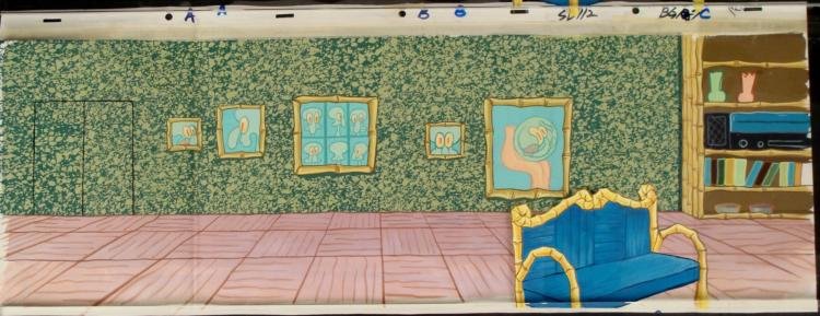 Orig SpongeBob Animation Cel Background Squidwards Room: This original hand-painted cel and background is from the Nickelodeon TV show SpongeBob Squarepants. The story takes place under the deep blue sea in Bikini Bottom, where Spo