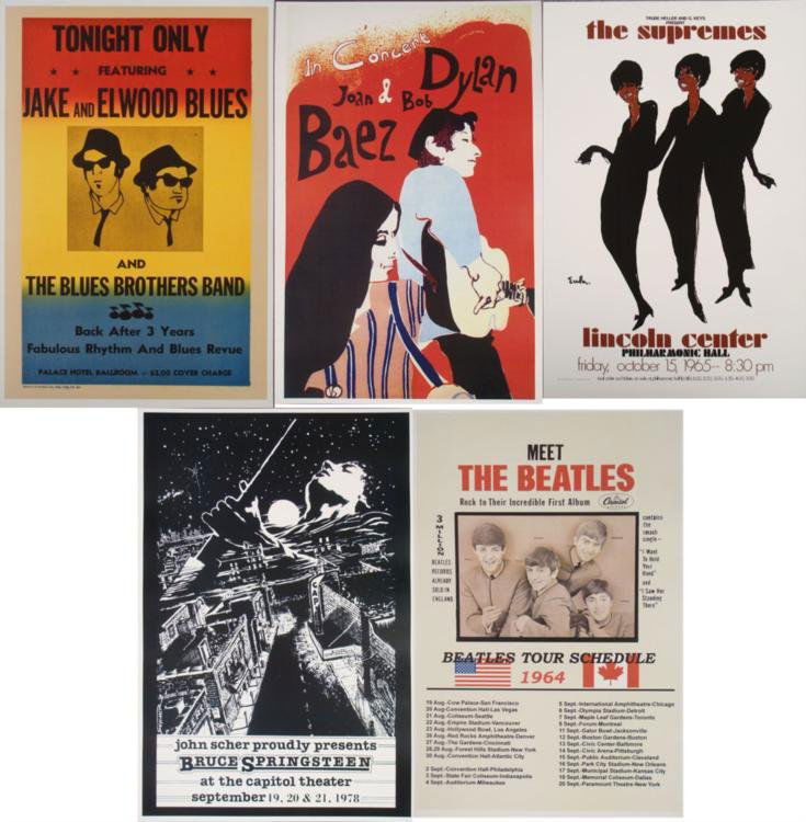 5 Repro Rock Posters- Beatles Baez & Dylan The Supremes: Here are 5 reproductions of original concert posters from some of the greatest 1960's -1980's bands.Condition: Excellent Size: 12" x 18" Posters:The Supremes (Lincoln Center Philharmonic Hall; October