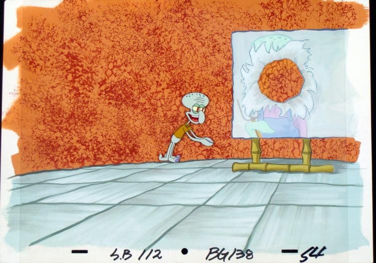 SpongeBob Orig Production Cel, Background Squidward Art: Normal 0 false false false MicrosoftInternetExplorer4 /* Style Definitions */ table.MsoNormalTable{mso-style-name:"Table Normal";mso-tstyle-rowband-size:0;mso-tstyle-colband-size:0;mso-style-noshow:ye