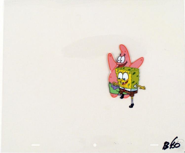 Excited Friends Original Cel Production Art SpongeBob: This original animation cel is from the Nickelodeon TV show SpongeBob Squarepants. The story takes place under the deep blue sea in Bikini Bottom, where SpongeBob resides. SpongeBob, who is a yellow, 