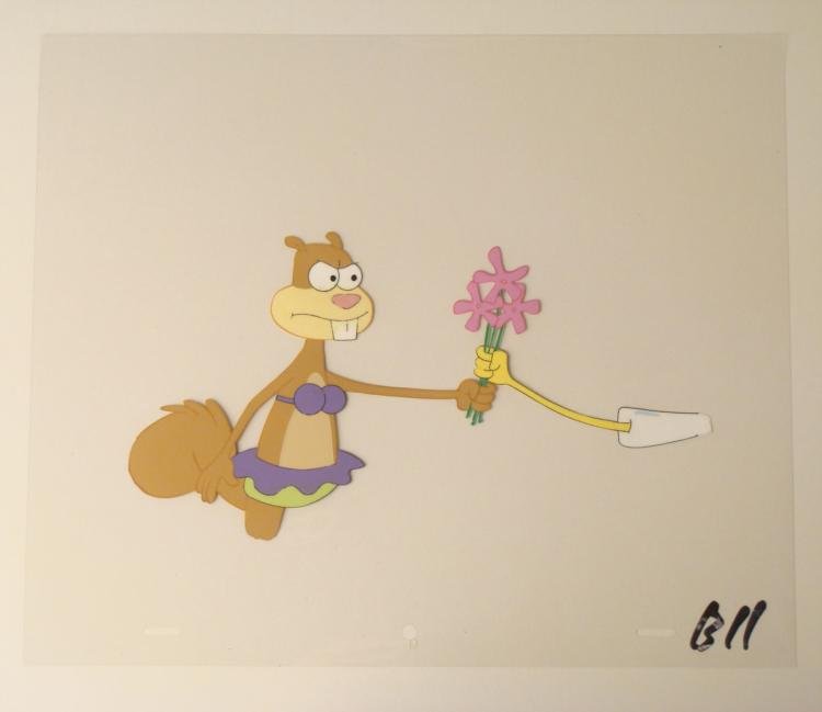 SpongeBob Has Flowers Original Production Art Cel Mad: This original animation cel is from the Nickelodeon TV show SpongeBob Squarepants. The story takes place under the deep blue sea in Bikini Bottom, where SpongeBob resides. Sp
