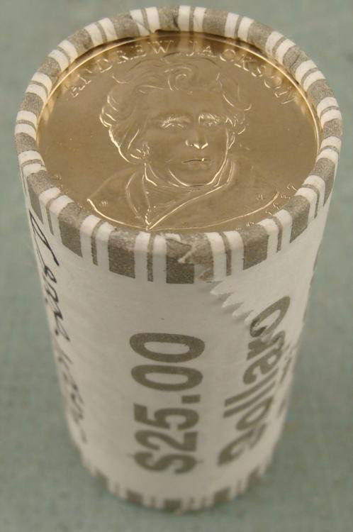1 Bank Roll 2007-P UNC Jefferson Presidential Dollars: This is an original bank wrapped roll of 2007-P Thomas Jefferson Dollars. It is the third in the Presidential dollar series. * Condition: Mint, Gem uncirculated * * Note: Roll you receive may look sli