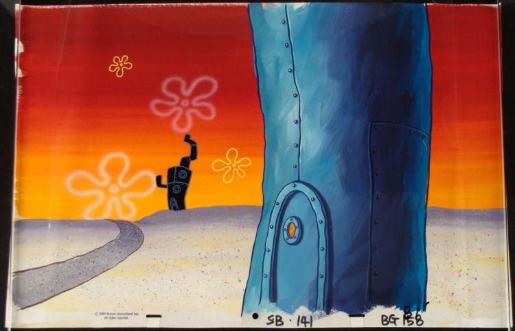 Original SpongeBob Production Cel & Background Houses: This original hand-painted cel and background is from the Nickelodeon TV show SpongeBob Squarepants. The story takes place under the deep blue sea in Bikini Bottom, where Spo