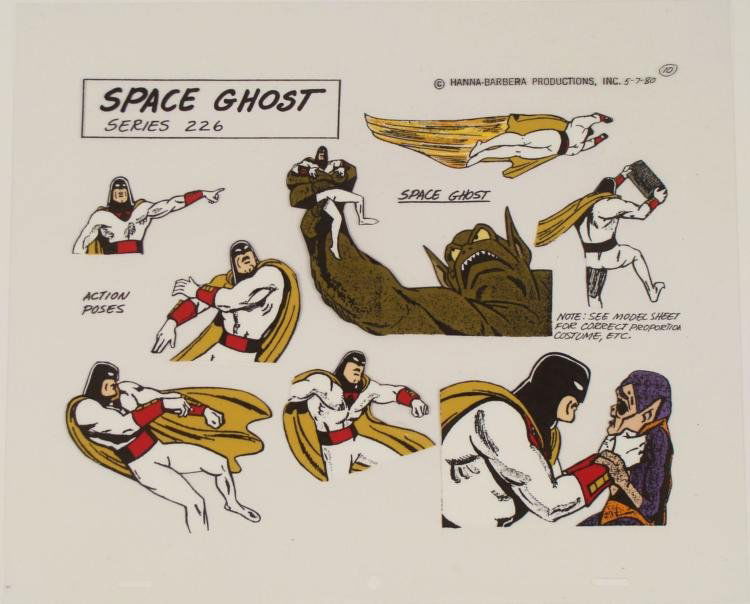 Space Ghost & Villain Original Model Cel Animation Art: This is an original production animation model cel from the television show "Space Stars" featuring Space Ghost. Here we see 8 different action images of Space Ghost, including one of him grabbing a v