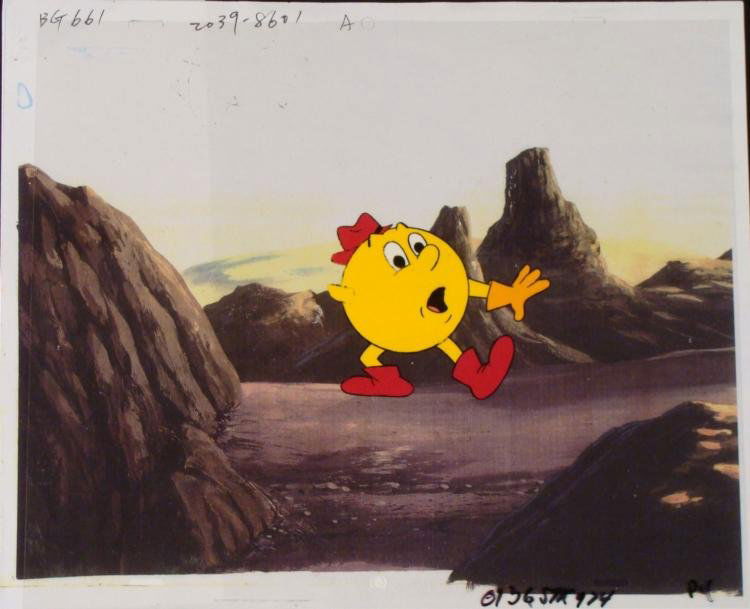 Pac Man Cartoon Hand Painted Animation Production Cel: Here's Pac Man in this original production cel from the animated television series. This is from the height of the arcade video game craze of the early 80's. * Medium: Hand painted cel acetate with pr