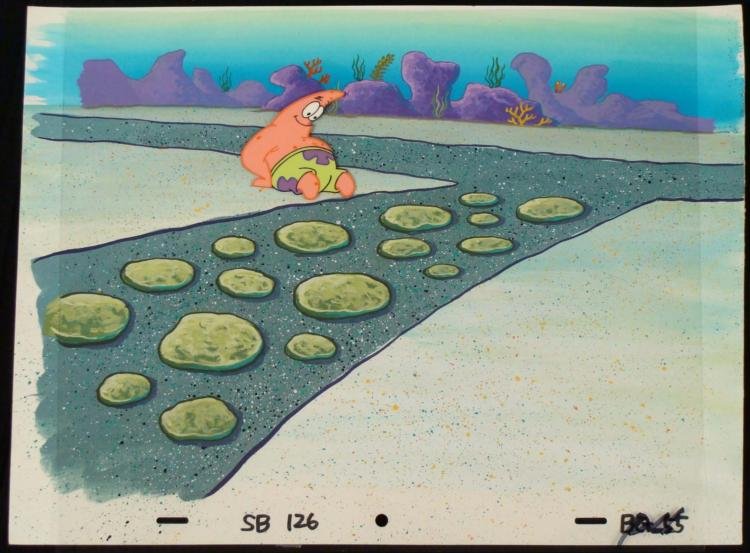 Orig SpongeBob Animation Cel, Background Patrick Lounge: This original hand-painted cel and background are from the Nickelodeon TV show SpongeBob Squarepants. The story takes place under the deep blue sea in Bikini Bottom, where Sp
