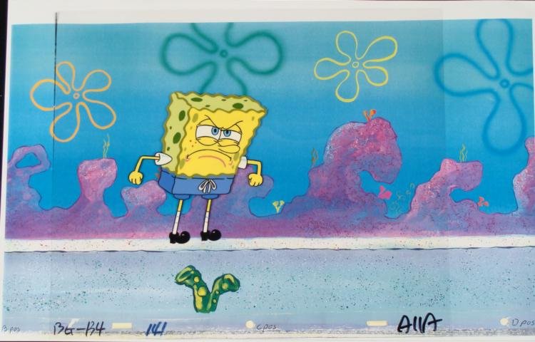 Originl SpongeBob Animation Cel & Background Mad Sponge: This original hand-painted cel with reproduction background is from the Nickelodeon TV show SpongeBob Squarepants. The story takes place under the deep blue sea in Bikini Bot
