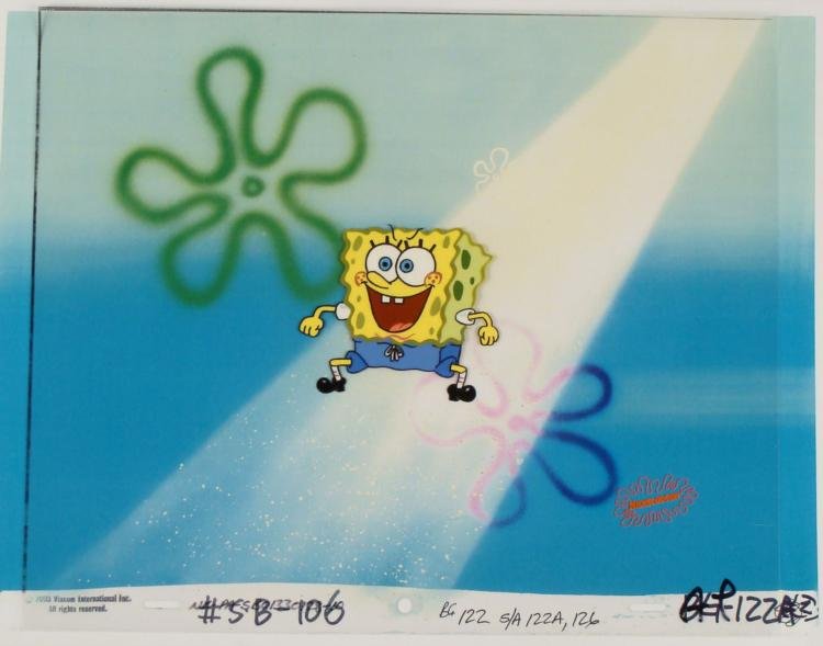Original SpongeBob Animation Cel & Background Spotlight: This original hand-painted cel with reproduction background is from the Nickelodeon TV show SpongeBob Squarepants. The story takes place under the deep blue sea in Bikini Bot