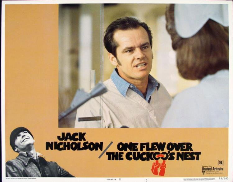 One Flew Over the Cuckoo's Nest Orig Movie Lobby Card: Here is an original lobby card from the 1975 movie "One Flew Over the Cuckoo's Nest." This is a great image of Jack Nicholson talking to Nurse Ratched. Size: 14 x 11 inches Condition: Excellent