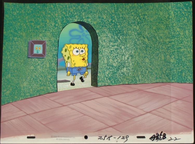 Orig SpongeBob Production Cel & Background w/House: This original hand-painted cel and background is from the Nickelodeon TV show SpongeBob Squarepants. The story takes place under the deep blue sea in Bikini Bottom, where Spo