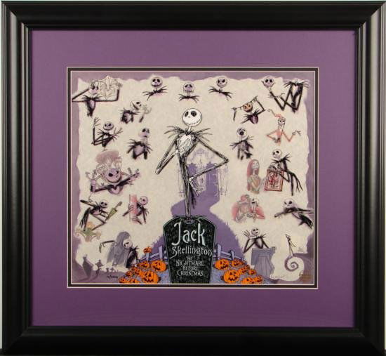 Nightmare Before Christmas Framed Animation Sericel Art: Jack Skellington looks practically alive in this large, framed animation cel art from "A Nightmare Before Christmas." This art is based on model sheet drawings done for the stop motion animated film.