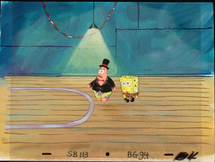Orig SpongeBob Animation Cel & Background Patrick Party: This original hand-painted cel and background are from the Nickelodeon TV show SpongeBob Squarepants. The story takes place under the deep blue sea in Bikini Bottom, where Sp