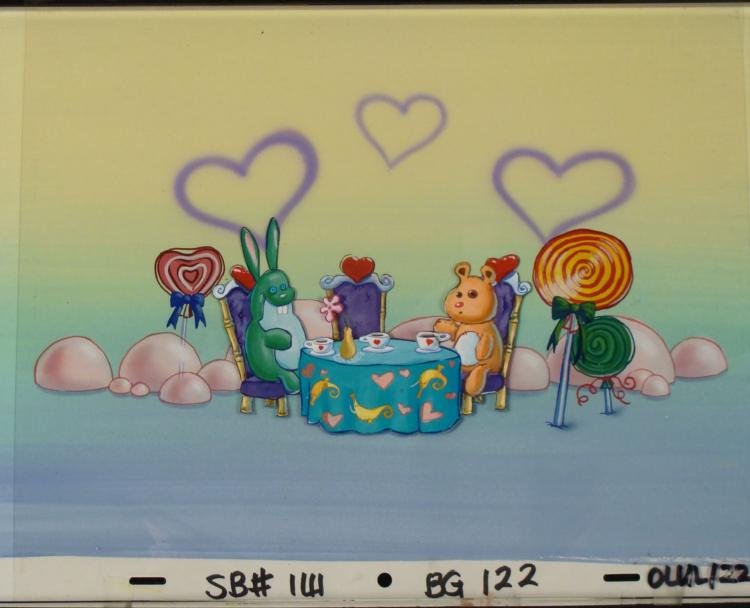 Orig SpongeBob Animation Cel, Background Toys & Candy: This original hand-painted cel and background are from the Nickelodeon TV show SpongeBob Squarepants. The story takes place under the deep blue sea in Bikini Bottom, where Sp