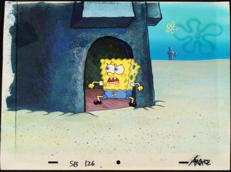 Orig SpongeBob Animation Cel, Background Squidward Home: This original hand-painted cel and background are from the Nickelodeon TV show SpongeBob Squarepants. The story takes place under the deep blue sea in Bikini Bottom, where Sp
