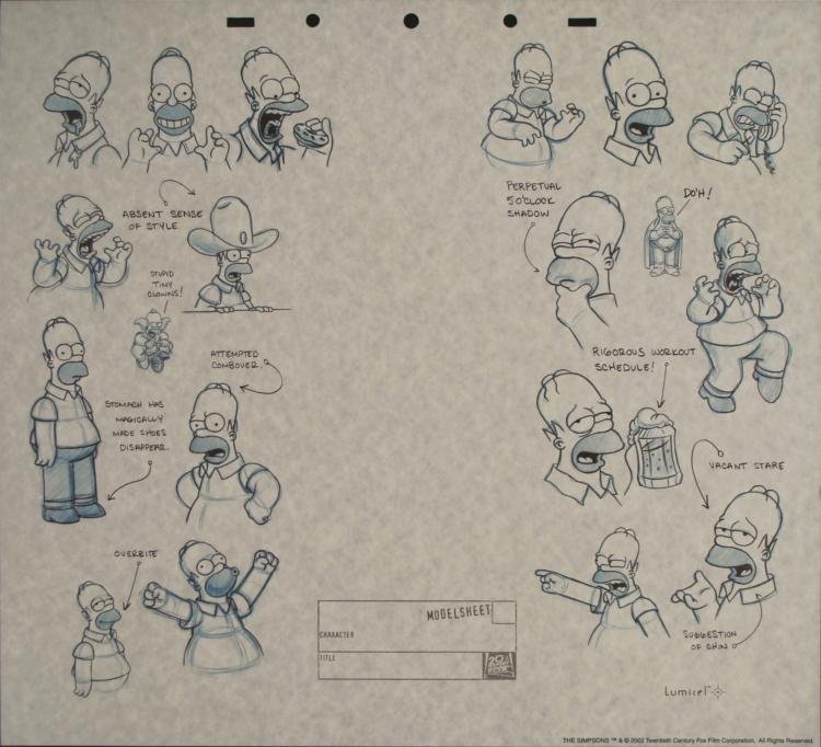 The SIMPSONS Homer Animation Background Drawings Print: Behold the many faces of Homer Simpson, on this beautiful animation art print. The drawings shown here are reproductions of model sheet sketches, which were originally created by the artists in the de