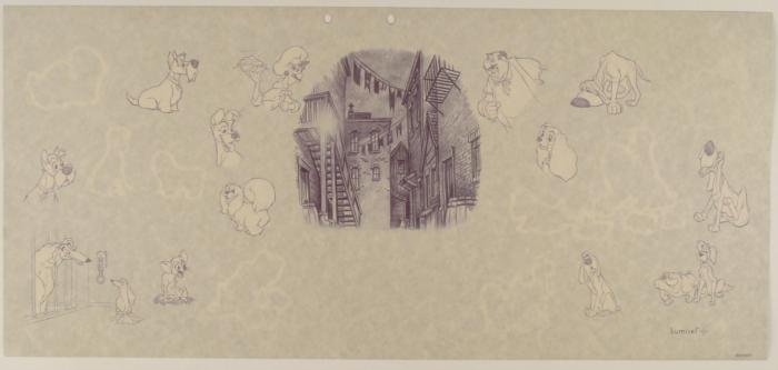 Disney Background Animation Art Lady and the Tramp: Background Lumicel Lady and the Tramp Art Animation * This is a serigraph cel proof originally designed for a LumicelSize: 11 1/2" x 24 3/4Condition: Excellent The background features character sketch